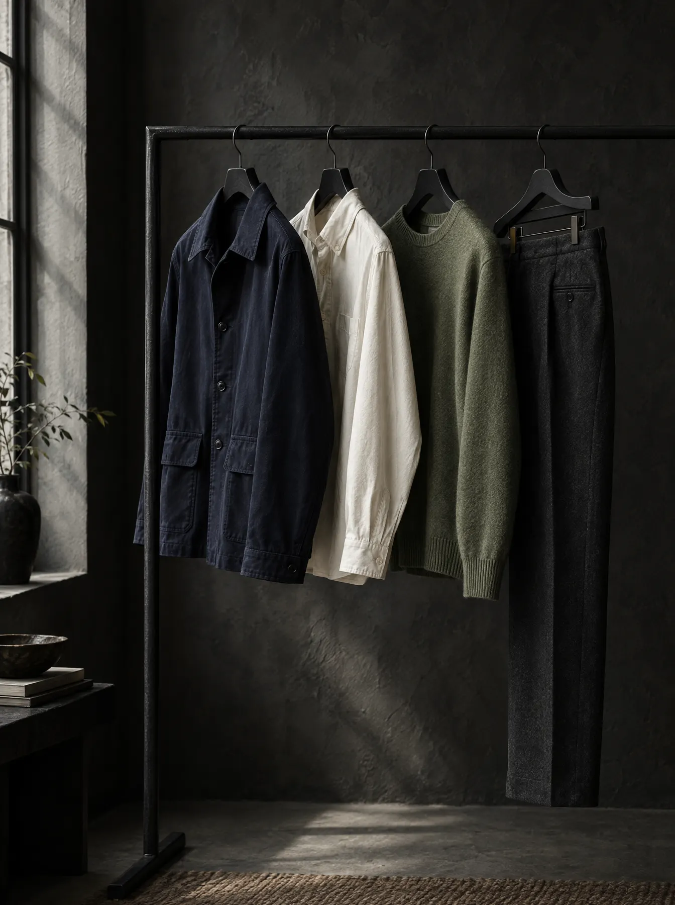 A clothes rail holding a small capsule wardrobe in a dim atelier
